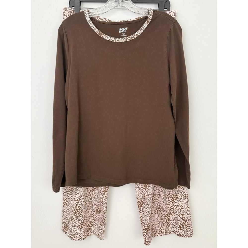 LANDS END Womens 2 PC Cheetah PAJAMAS Set MP Knit Top Pants Brown Animal Print